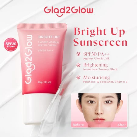 Glad2Glow Lychee Brightening Cream 30g Bright Up 3-IN-1 Facial Moisturizer Sunscreen Whitening Skincare Tone Up Cream