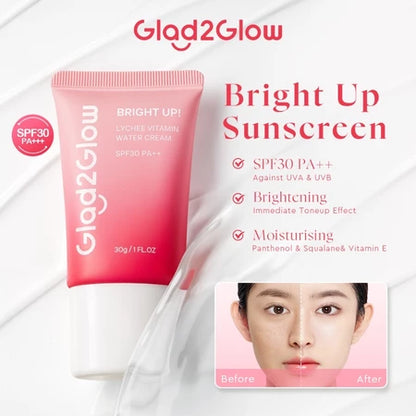 Glad2Glow Lychee Brightening Cream 30g Bright Up 3-IN-1 Facial Moisturizer Sunscreen Whitening Skincare Tone Up Cream
